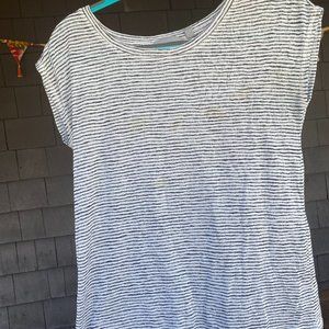 Athleta Casual White and Grey Striped Shirt (Small)